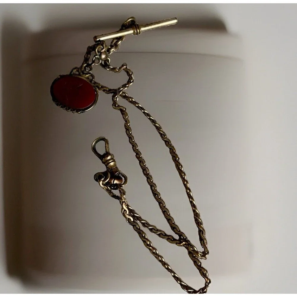 Antique Victorian Gold Filled Carnelian Intaglio Watch Fob Pendant Necklace 13+G